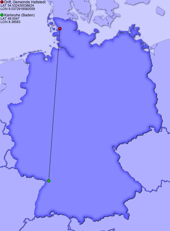 Distance from Drift, Gemeinde Hattstedt to Karlsruhe (Baden)