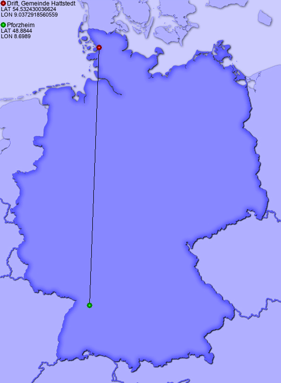 Distance from Drift, Gemeinde Hattstedt to Pforzheim
