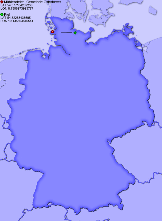 Distance from Mühlendeich, Gemeinde Osterhever to Kiel