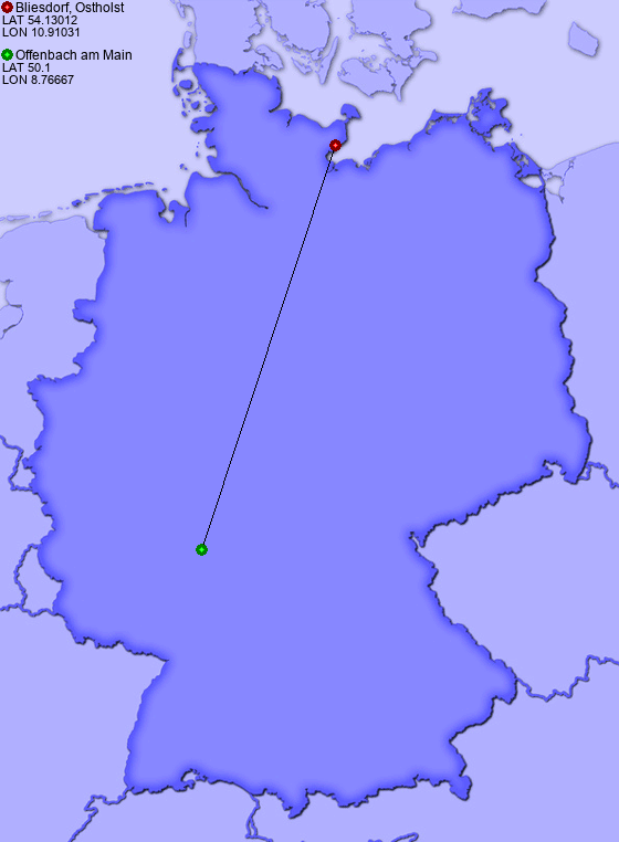 Distance from Bliesdorf, Ostholst to Offenbach am Main
