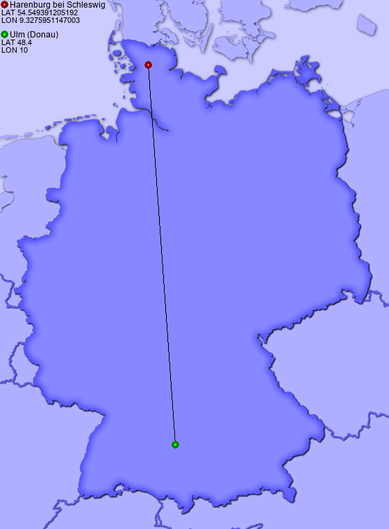 Distance from Harenburg bei Schleswig to Ulm (Donau)