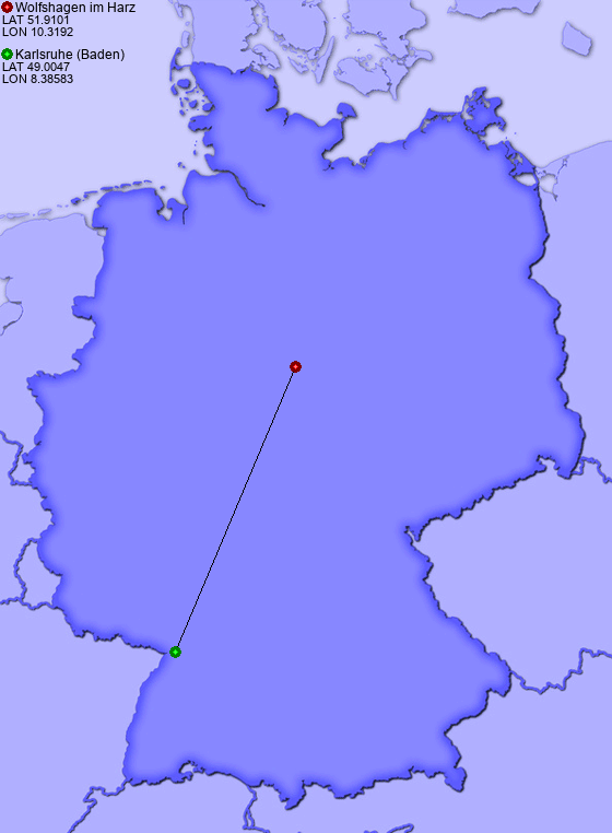 Distance from Wolfshagen im Harz to Karlsruhe (Baden)