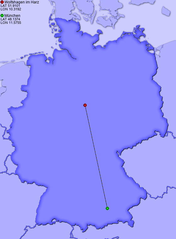 Distance from Wolfshagen im Harz to München