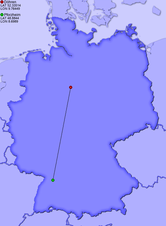 Distance from Döhren to Pforzheim