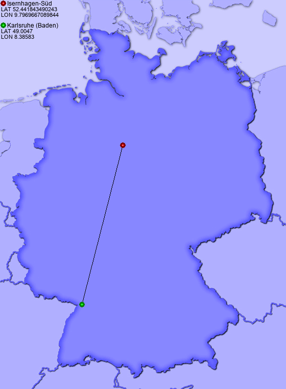 Distance from Isernhagen-Süd to Karlsruhe (Baden)