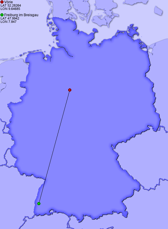 Distance from Vörie to Freiburg im Breisgau