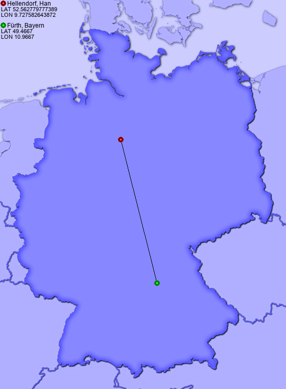 Distance from Hellendorf, Han to Fürth, Bayern