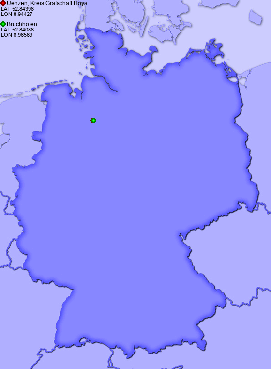 Distance from Uenzen, Kreis Grafschaft Hoya to Bruchhöfen