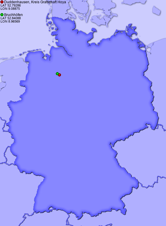 Distance from Duddenhausen, Kreis Grafschaft Hoya to Bruchhöfen