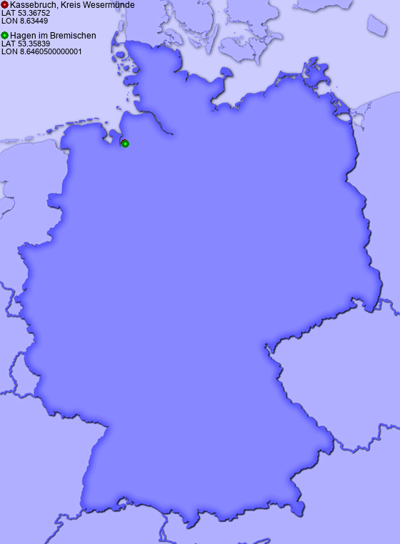 Distance from Kassebruch, Kreis Wesermünde to Hagen im Bremischen