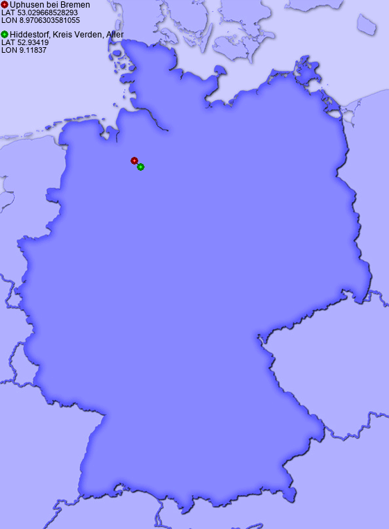 Distance from Uphusen bei Bremen to Hiddestorf, Kreis Verden, Aller