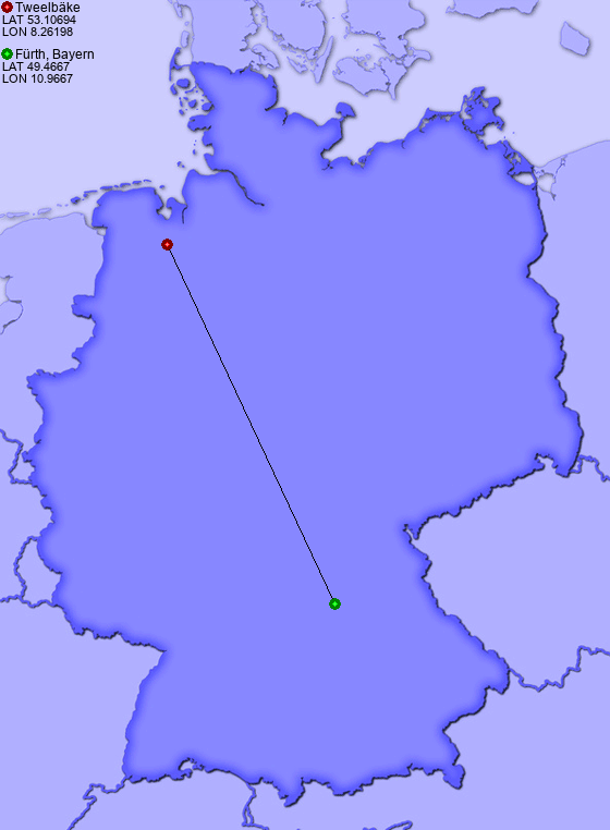 Distance from Tweelbäke to Fürth, Bayern
