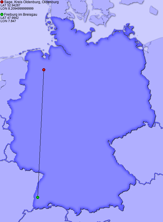 Distance from Sage, Kreis Oldenburg, Oldenburg to Freiburg im Breisgau