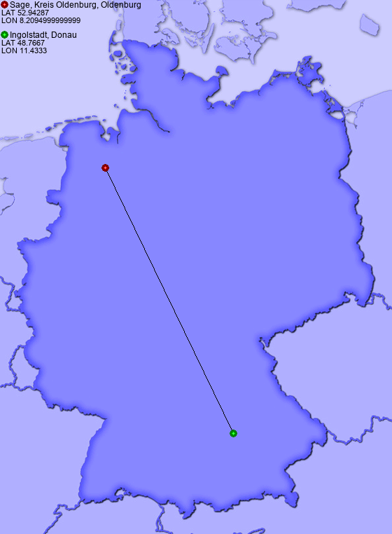 Distance from Sage, Kreis Oldenburg, Oldenburg to Ingolstadt, Donau