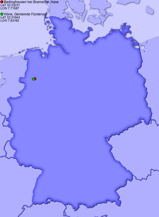 Distance from Bedinghausen bei Bramsche, Hase to Höne, Gemeinde Fürstenau