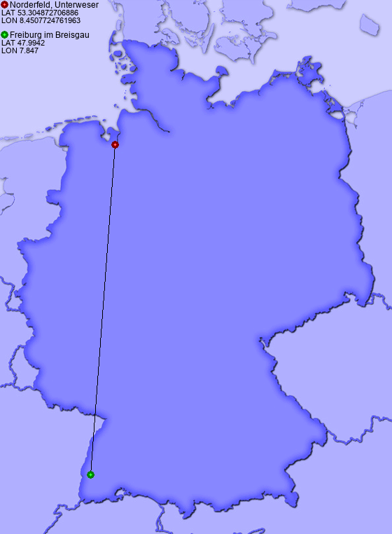 Distance from Norderfeld, Unterweser to Freiburg im Breisgau