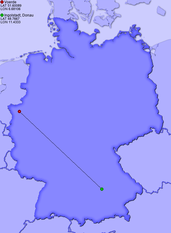 Distance from Voerde to Ingolstadt, Donau