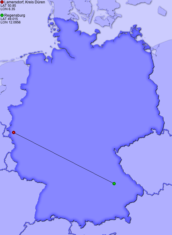 Distance from Lamersdorf, Kreis Düren to Regensburg