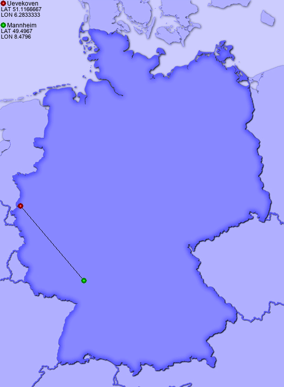Distance from Uevekoven to Mannheim