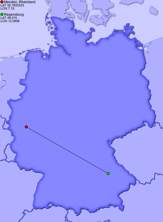 Distance from Menden, Rheinland to Regensburg