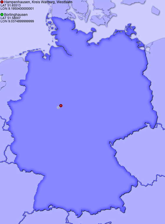 Distance from Hampenhausen, Kreis Warburg, Westfalen to Borlinghausen
