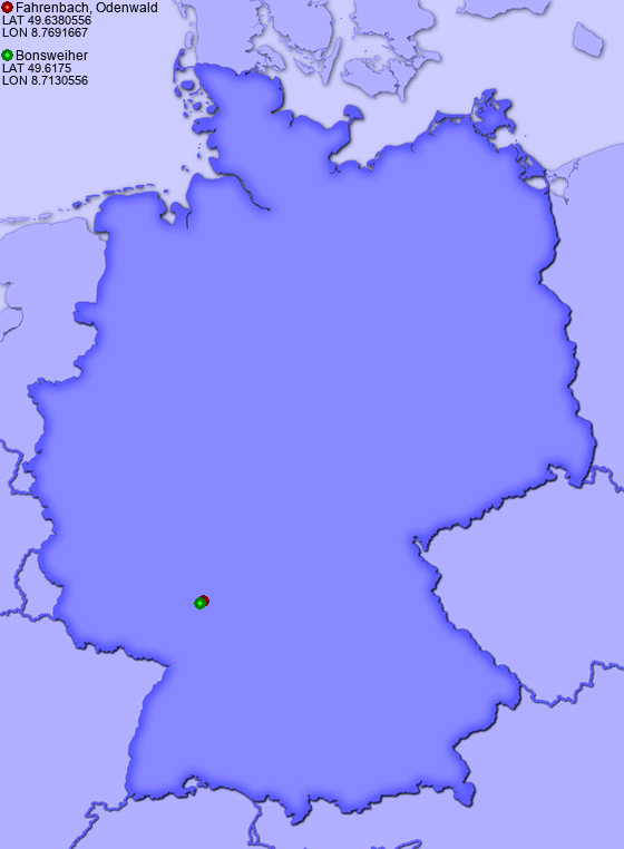 Distance from Fahrenbach, Odenwald to Bonsweiher
