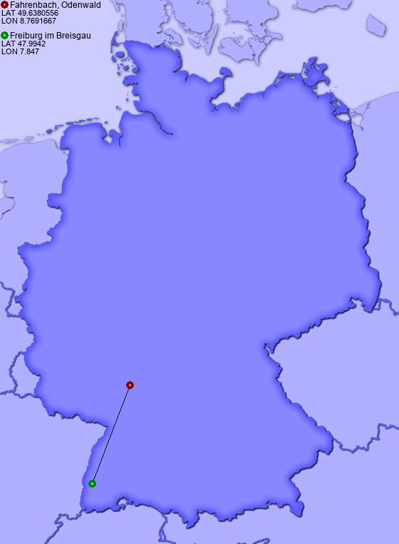 Distance from Fahrenbach, Odenwald to Freiburg im Breisgau