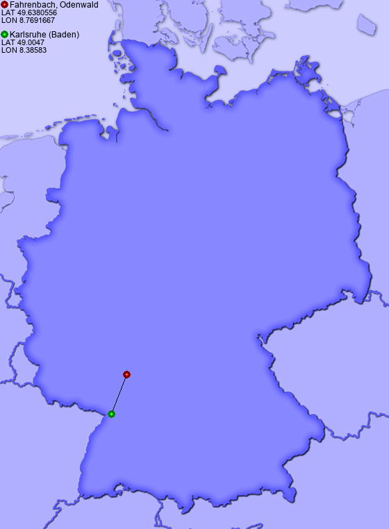 Distance from Fahrenbach, Odenwald to Karlsruhe (Baden)