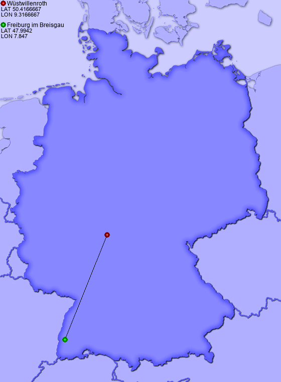 Distance from Wüstwillenroth to Freiburg im Breisgau