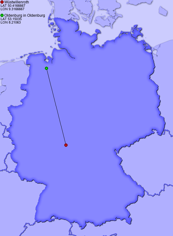 Distance from Wüstwillenroth to Oldenburg in Oldenburg