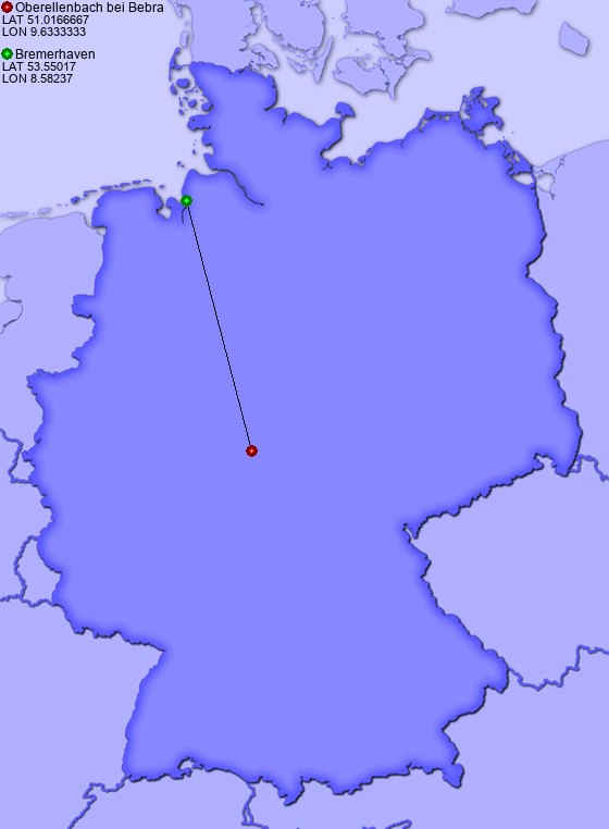 Distance from Oberellenbach bei Bebra to Bremerhaven
