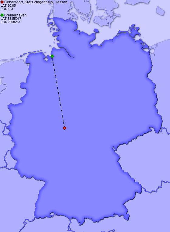 Distance from Gebersdorf, Kreis Ziegenhain, Hessen to Bremerhaven
