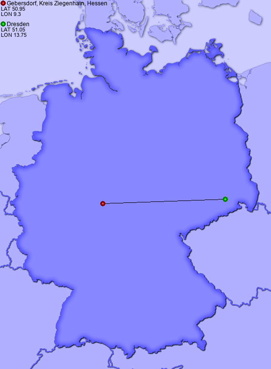 Distance from Gebersdorf, Kreis Ziegenhain, Hessen to Dresden