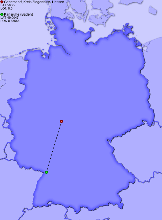 Distance from Gebersdorf, Kreis Ziegenhain, Hessen to Karlsruhe (Baden)