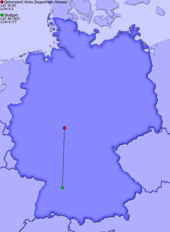 Distance from Gebersdorf, Kreis Ziegenhain, Hessen to Stuttgart