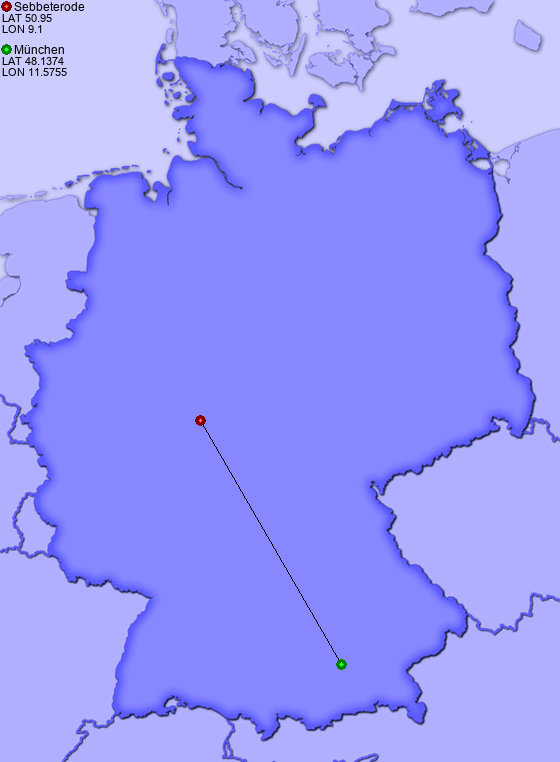 Distance from Sebbeterode to München