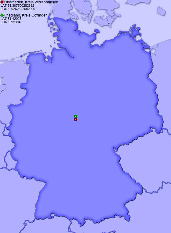 Distance from Oberrieden, Kreis Witzenhausen to Friedland, Kreis Göttingen