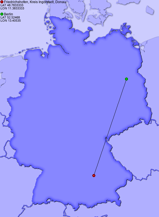 Distance from Friedrichshofen, Kreis Ingolstadt, Donau to Berlin