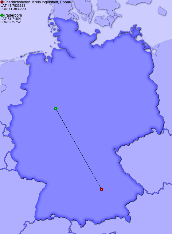 Distance from Friedrichshofen, Kreis Ingolstadt, Donau to Paderborn