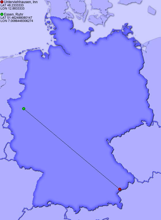 Distance from Unterviehhausen, Inn to Essen, Ruhr