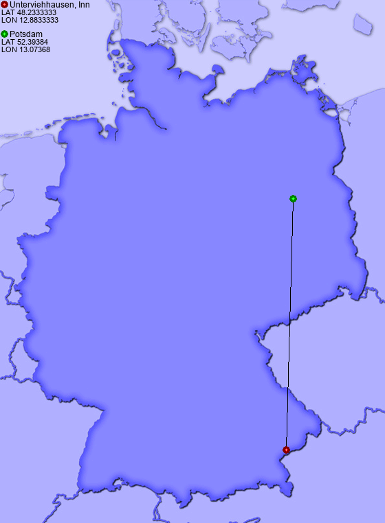 Distance from Unterviehhausen, Inn to Potsdam