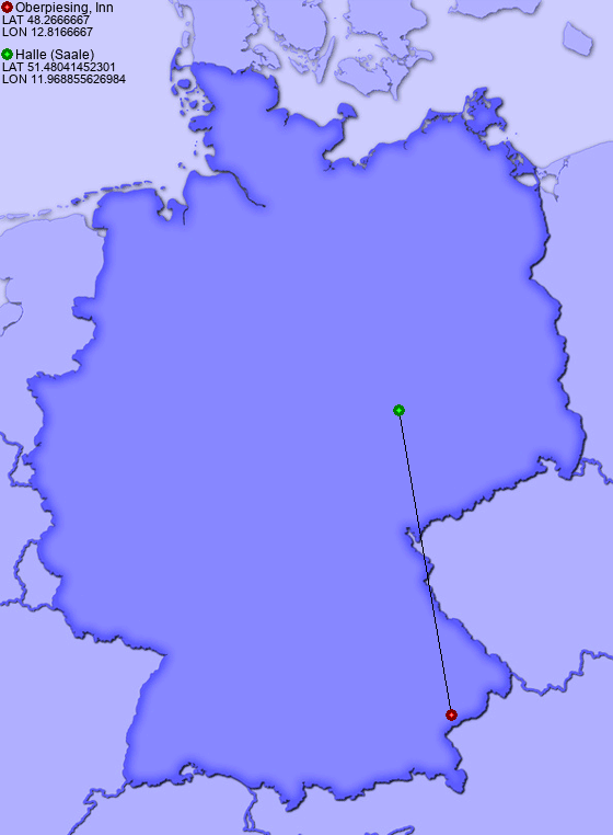 Distance from Oberpiesing, Inn to Halle (Saale)
