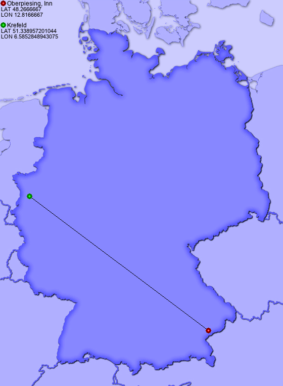 Distance from Oberpiesing, Inn to Krefeld