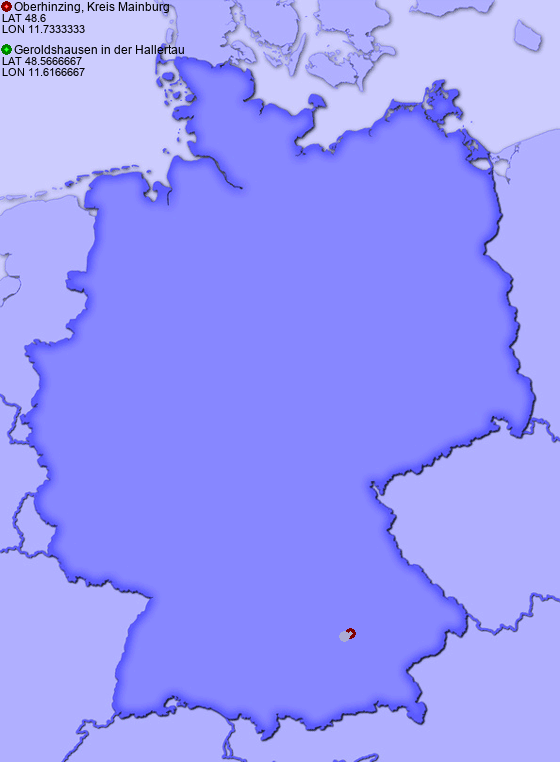 Distance from Oberhinzing, Kreis Mainburg to Geroldshausen in der Hallertau