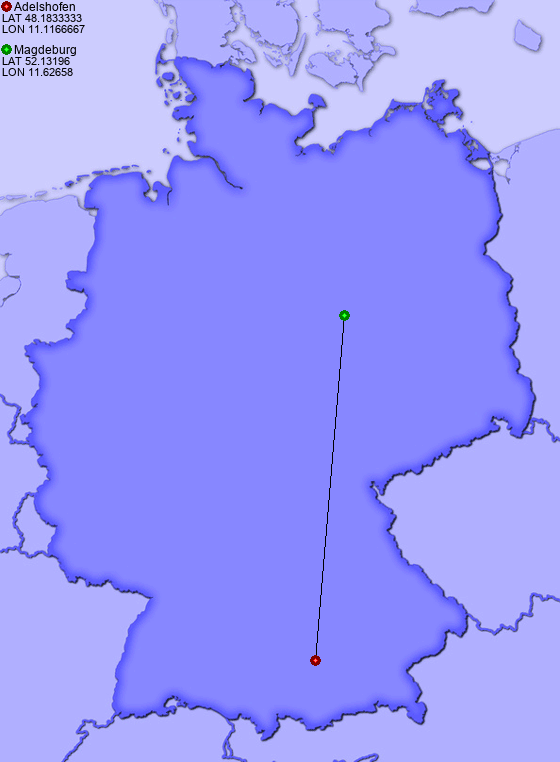 Distance from Adelshofen to Magdeburg