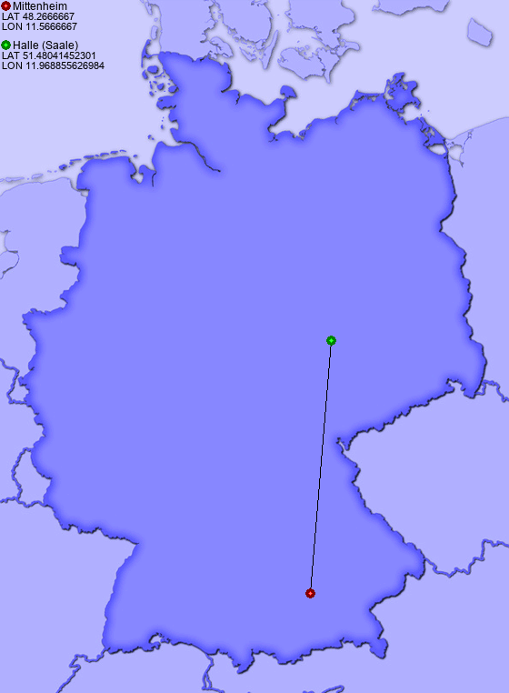 Distance from Mittenheim to Halle (Saale)