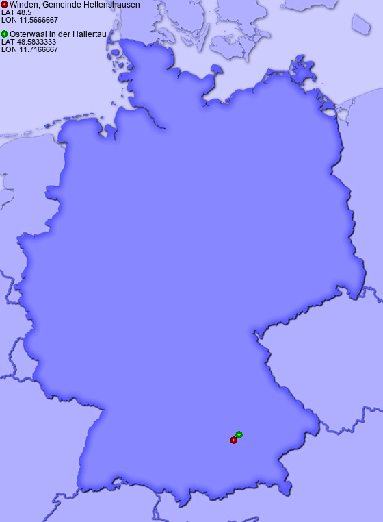 Distance from Winden, Gemeinde Hettenshausen to Osterwaal in der Hallertau