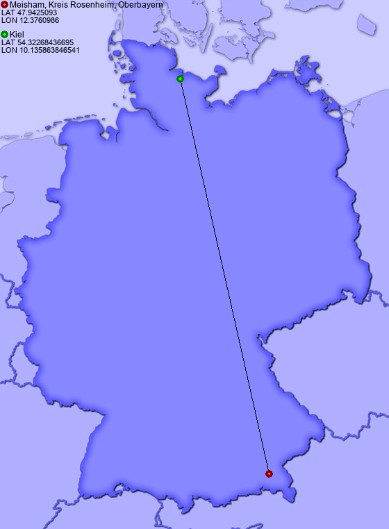 Distance from Meisham, Kreis Rosenheim, Oberbayern to Kiel
