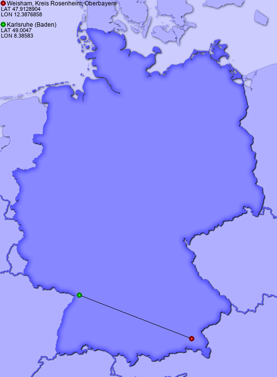 Distance from Weisham, Kreis Rosenheim, Oberbayern to Karlsruhe (Baden)