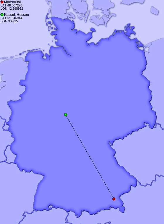 Distance from Moosmühl to Kassel, Hessen